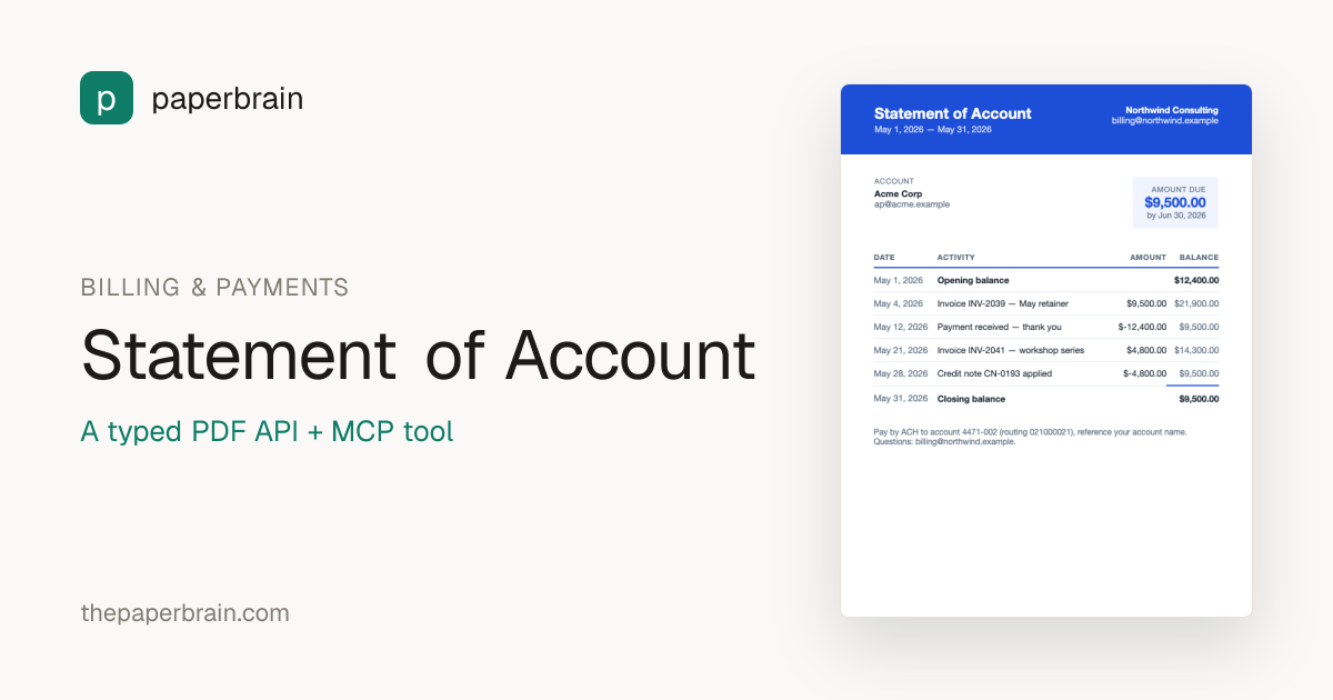 Statement of Account template → a typed PDF API · paperbrain